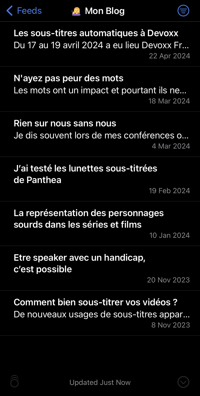 On voit la liste de mes articles classés par ordre descendant de publication sur l'application NetNewsWire avec le titre, la description et la date de publication