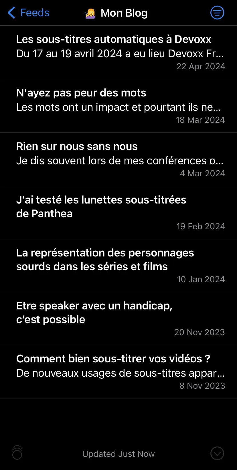 On voit la liste de mes articles classés par ordre descendant de publication sur l'application NetNewsWire avec le titre, la description et la date de publication