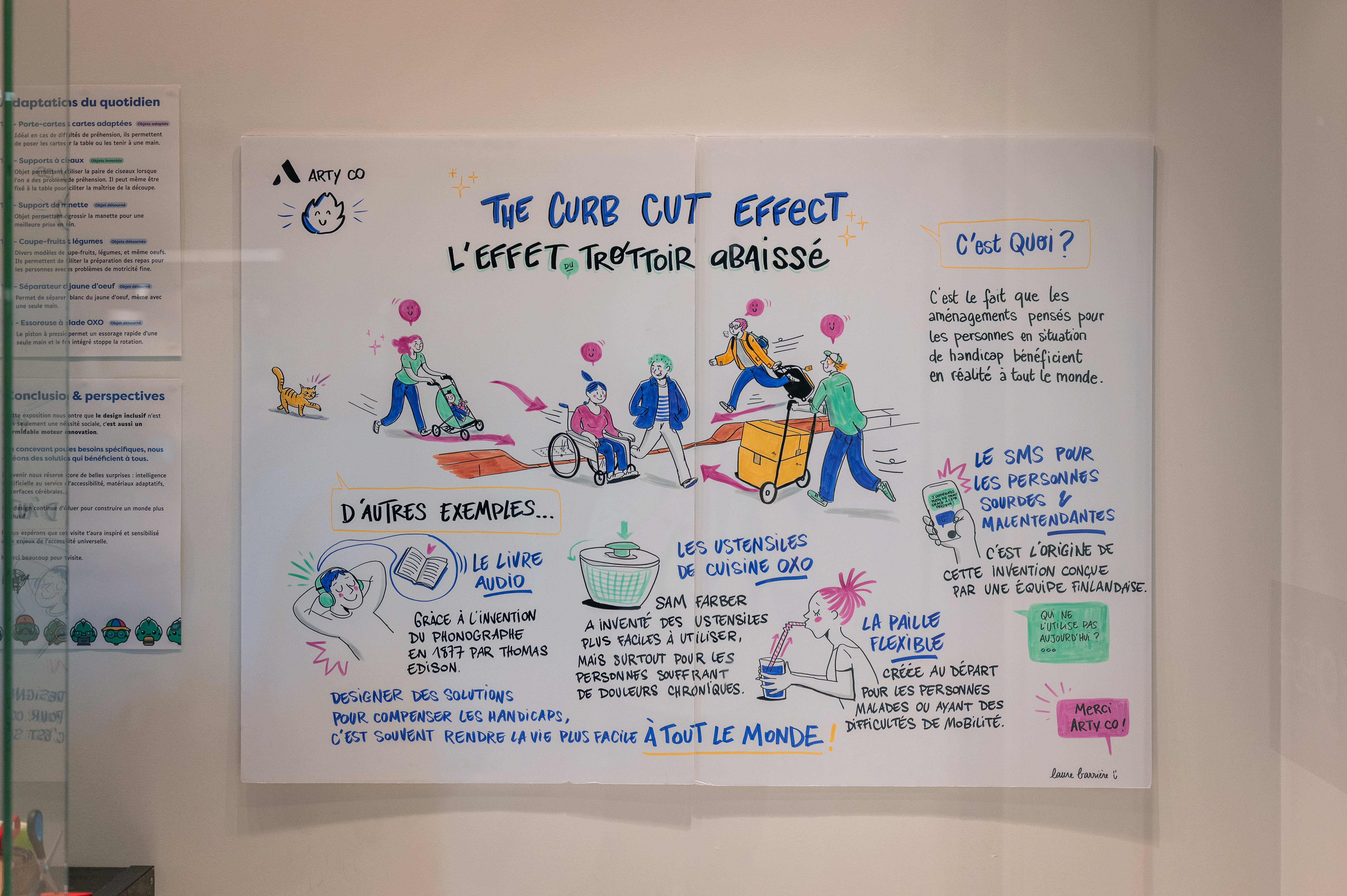 Visuel illustrant l’effet du trottoir abaissé (curb-cut effect). On y voit des personnes en fauteuil roulant, avec poussette ou valise, utilisant un trottoir abaissé. Le texte explique que les aménagements pensés pour les personnes handicapées profitent en réalité à tous. Des exemples sont cités : livres audio, ustensiles de cuisine OXO, paille flexible, SMS pour les personnes sourdes et malentendantes. En conclusion : “Designer des solutions pour compenser les handicaps, c’est souvent rendre la vie plus facile à tout le monde.”